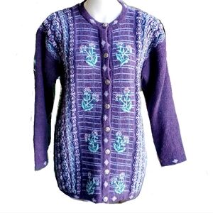 Vintage Tulchan Purple Blue Wool Knitted Embroidered Floral Lined Cardigan Sz M
